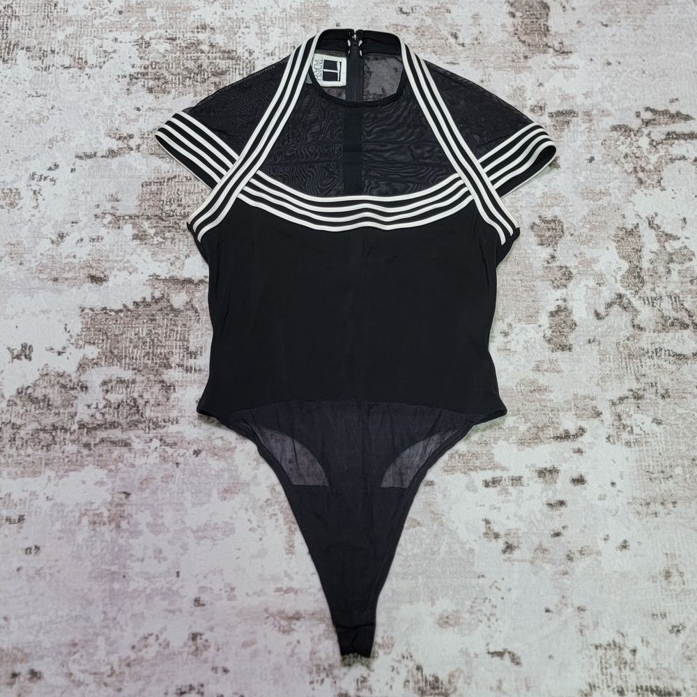 Tadashi Black Mesh Bodysuit XL Sheer Stripe Structured Made USA Designer Shoji
